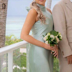 Xscape Evenings Halter Neck Satin Sheath Gown in Sage